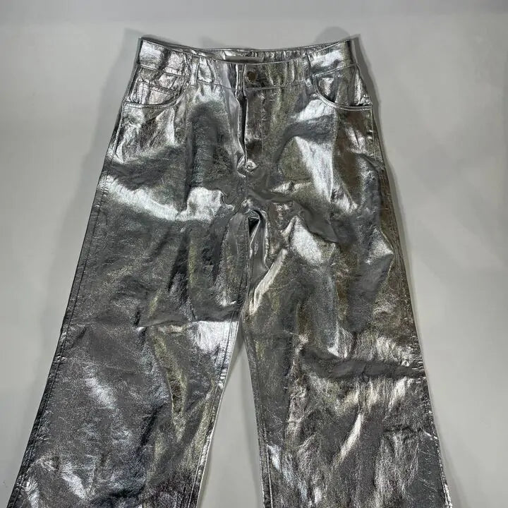 Mango- Silver Metallic Straight Leg Trousers Size: Uk 12/Eu 40