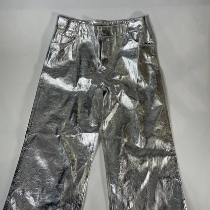Mango- Silver Metallic Straight Leg Trousers Size: Uk 12/Eu 40