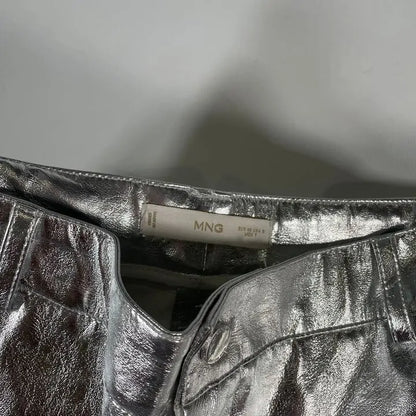 Mango- Silver Metallic Straight Leg Trousers Size: Uk 12/Eu 40