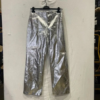 Mango- Silver Metallic Straight Leg Trousers Size: Uk 12/Eu 40