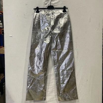 Mango- Silver Metallic Straight Leg Trousers Size: Uk 12/Eu 40