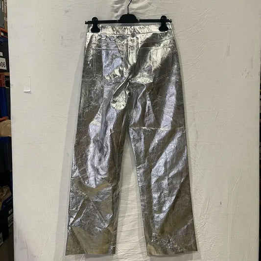 Mango- Silver Metallic Straight Leg Trousers Size: Uk 12/Eu 40