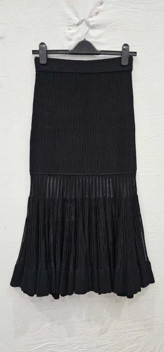 Black Tilly Knitted Sheer Flared Midi Skirt Size: S