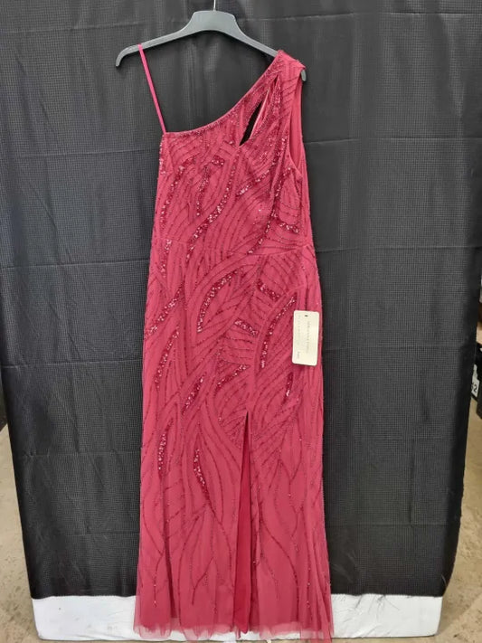 Adrianna Papell Dusty Red Beaded One Shoulder Dress Size: UK 16