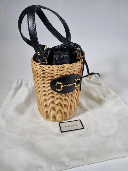 Gucci Horsebit Leather &Amp Straw Bucket Bag Size: One Size