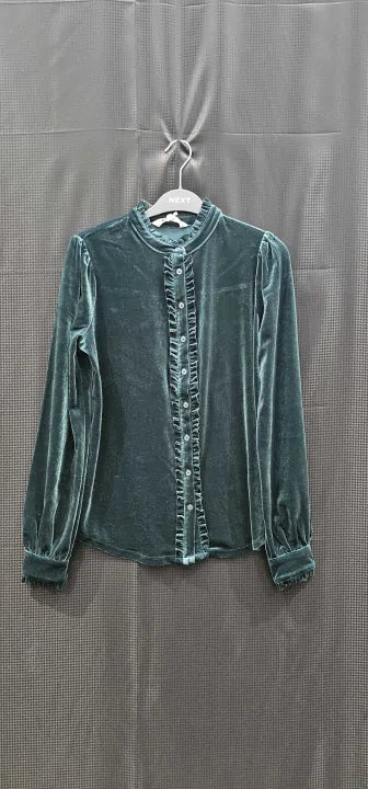 Boden - Forest Green Notch Neck Frilled Velvet Top - Green Size: Uk8