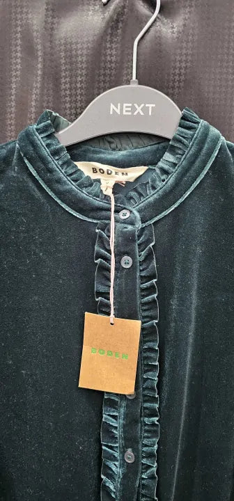 Boden - Forest Green Notch Neck Frilled Velvet Top - Green Size: Uk8