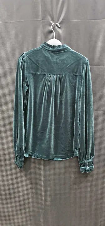 Boden - Forest Green Notch Neck Frilled Velvet Top - Green Size: Uk8