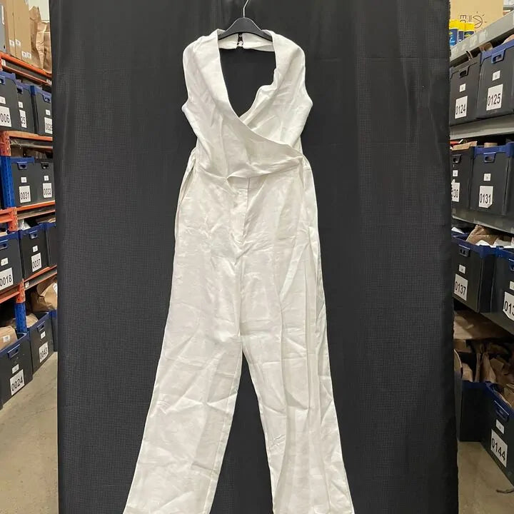 Reiss - White Carmen Halter Neck Linen Blend Jumpsuit Size: Uk 10