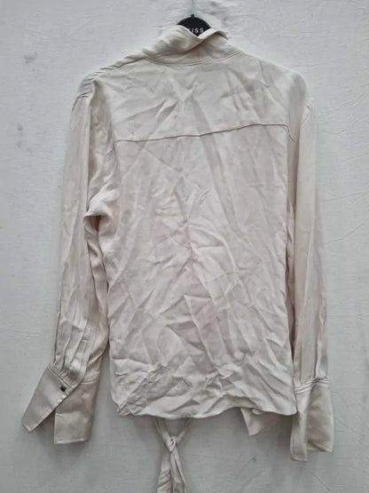 Mango - Ecru Double-Breasted Blouse With Bow Size: Medium