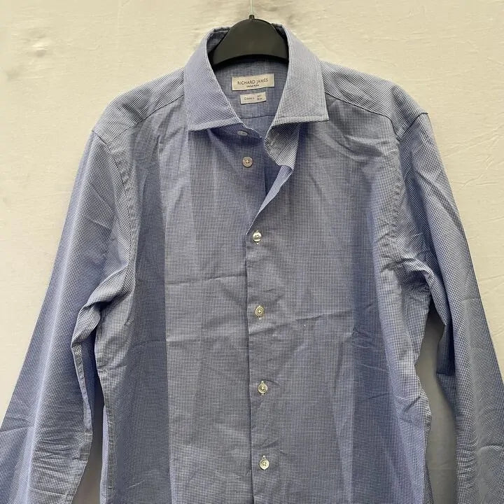Richard James Savile Row - Blue Check Contemporary Fit Cotton Shirt Size: 15 1/2- 39 Cm
