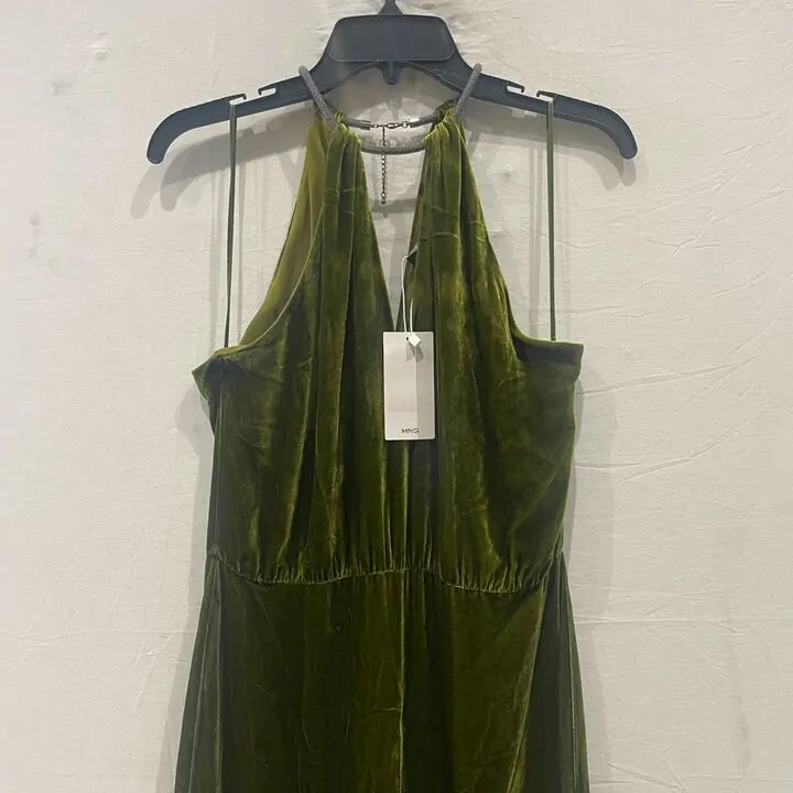 Mango - Olive Green Halter-Neck Velvet Jumpsuit Size: Medium