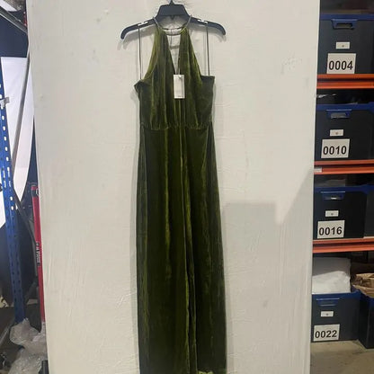 Mango - Olive Green Halter-Neck Velvet Jumpsuit Size: Medium