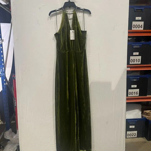 Mango - Olive Green Halter-Neck Velvet Jumpsuit Size: Medium