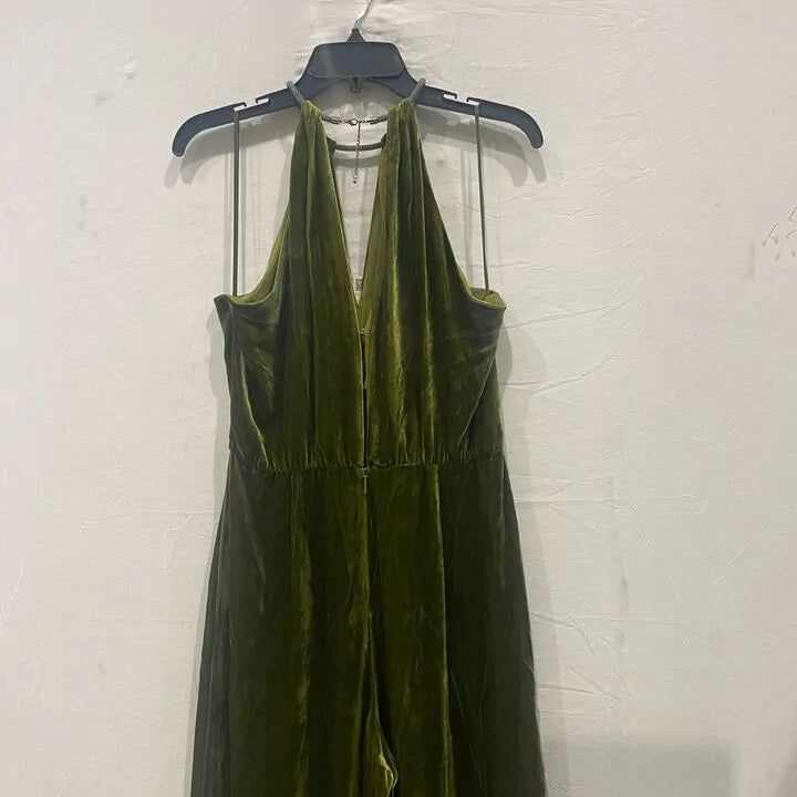 Mango - Olive Green Halter-Neck Velvet Jumpsuit Size: Medium