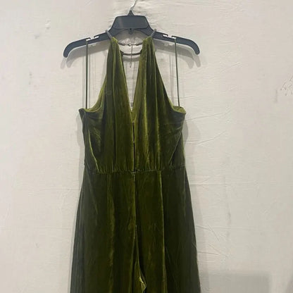 Mango - Olive Green Halter-Neck Velvet Jumpsuit Size: Medium