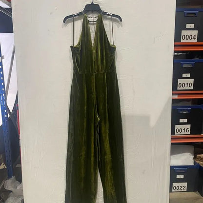 Mango - Olive Green Halter-Neck Velvet Jumpsuit Size: Medium