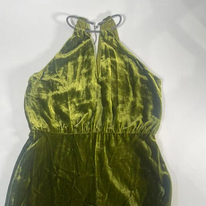 Mango - Olive Green Halter-Neck Velvet Jumpsuit Size: Medium