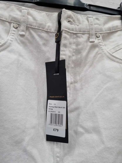 Phase Eight - White Aubrey Denim Midi Skirt Size: UK 14