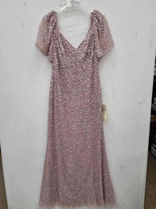 Adrianna Papell Pink Beaded Mesh Maxi Dress Size: UK 16