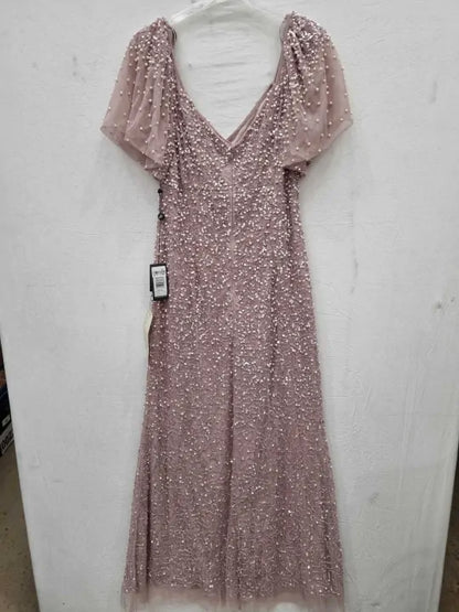Adrianna Papell Pink Beaded Mesh Maxi Dress Size: UK 16