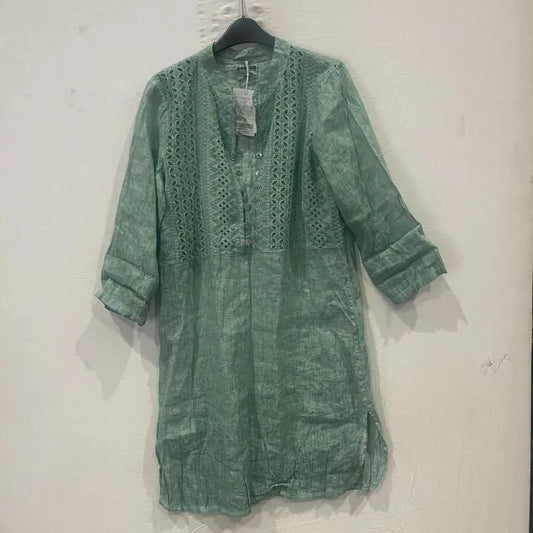 Rodier - Green Pattern Linen Mini Dress Size: M/L