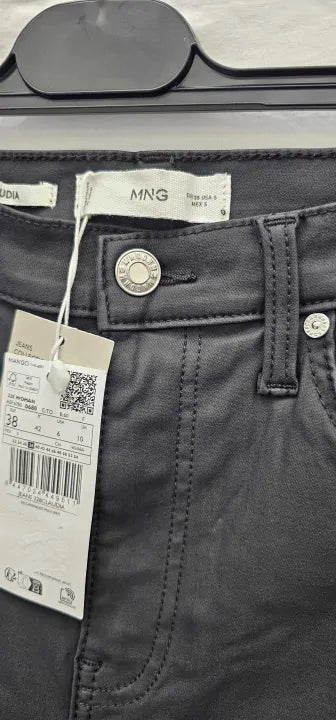 Mango  Black Waxed Claudia Slim-Fit High Waist Jeans  Size: Uk10