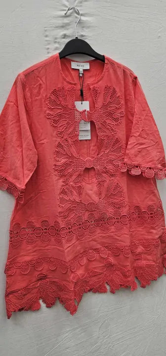 Reiss - Coral Etta Embroidered Cotton Blend Kaftan - Orange / Coral Size: Uk8