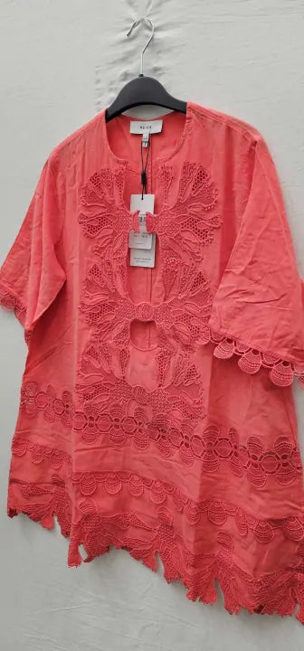 Reiss - Coral Etta Embroidered Cotton Blend Kaftan - Orange / Coral Size: Uk8