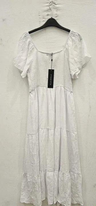 Blue Vanilla White Square Neck Flutter Sleeve Dress Size: L