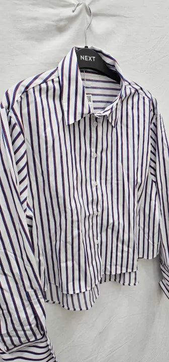 Mango Cropped Stripe Shirt In Blue And Red Size: M