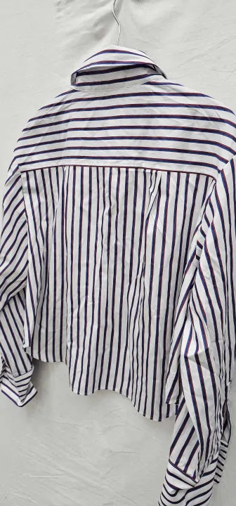 Mango Cropped Stripe Shirt In Blue And Red Size: M