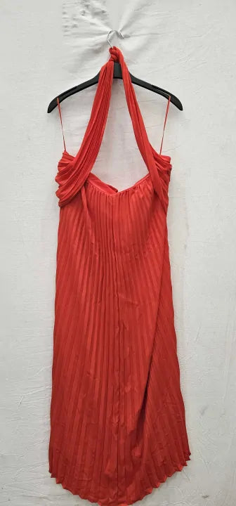 Reiss-29222963-10-Red-Red Roya Pleated Midi Dress-Red Size: UK 10