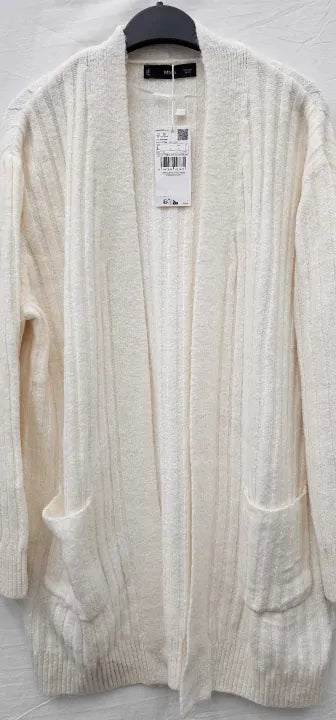 Mango - Ecru Ribbed Long Cardigan - Cream Size: L