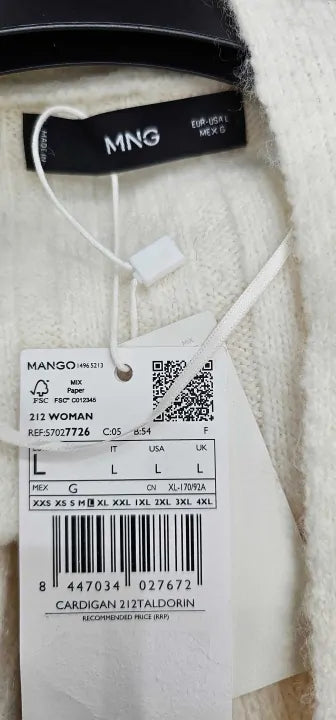 Mango - Ecru Ribbed Long Cardigan - Cream Size: L