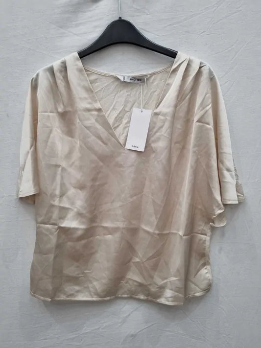 Mango Ivory Flutter V-Neck Blouse Size: Small