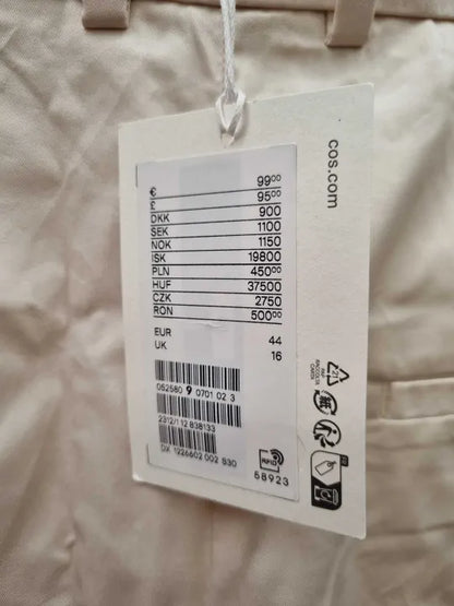 Cos Beige Rowy Cotton Trousers Size: Uk 16