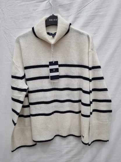 Crew Clothing - Ivory/Navy Stripe Roll Neck Knit Size: Uk 12