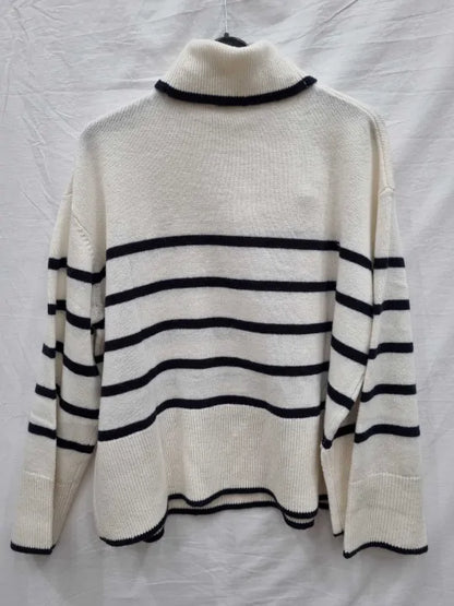 Crew Clothing - Ivory/Navy Stripe Roll Neck Knit Size: Uk 12