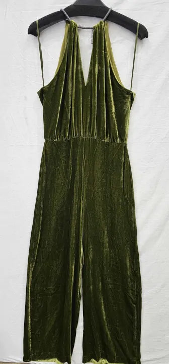 Olive Green Halter-Neck Velvet Jumpsuit Size: S