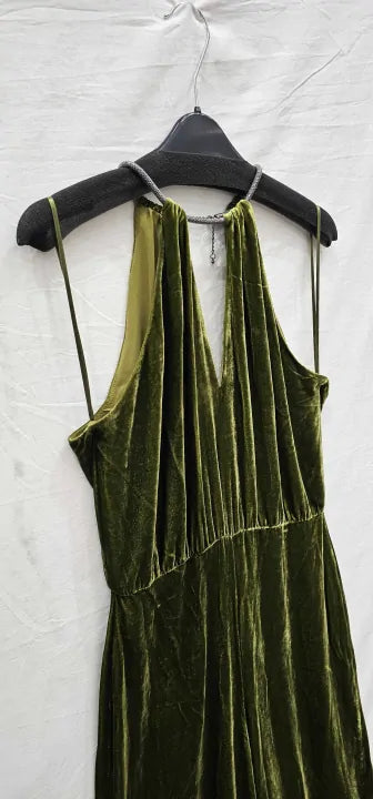 Olive Green Halter-Neck Velvet Jumpsuit Size: S