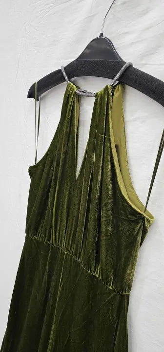 Olive Green Halter-Neck Velvet Jumpsuit Size: S