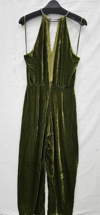 Olive Green Halter-Neck Velvet Jumpsuit Size: S