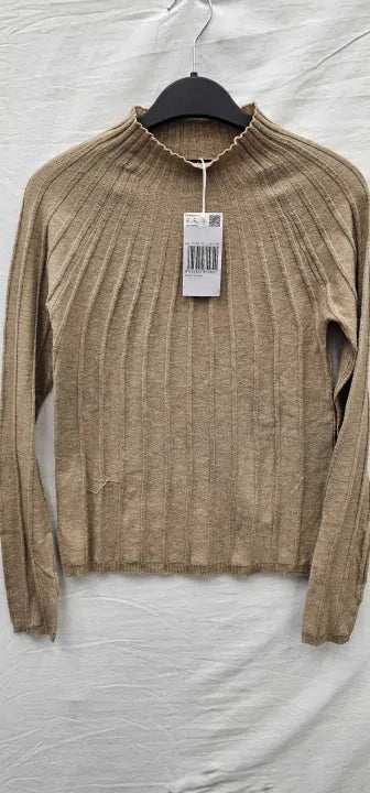 Mango-57065793-09-21-Brown-Brown High Collar Ribbed Knit Jumper-Brown Size: M