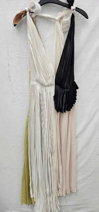 Victoria Beckham - Multi Asymmetric Pleated V-Neck Dress - Cream Size: Uk6