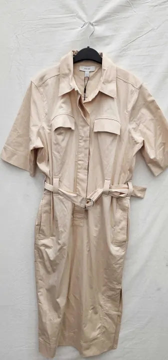 Reiss - Stone Cotton Blend Utility Belted Midi Dress - Beige Size: Uk12