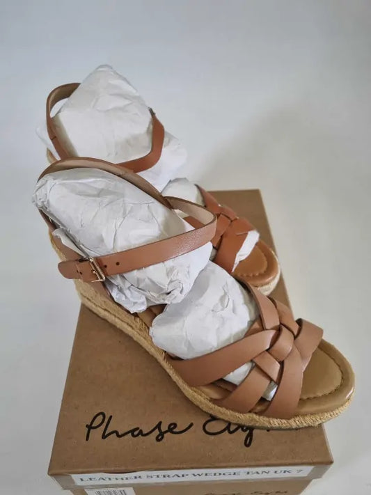 Phase Eight - Brown Leather Strap Wedge Sandals Size: Uk 7