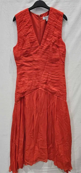 Reiss - Coral Saffy Ruched Midi Dress - Orange/Coral Size: Uk12