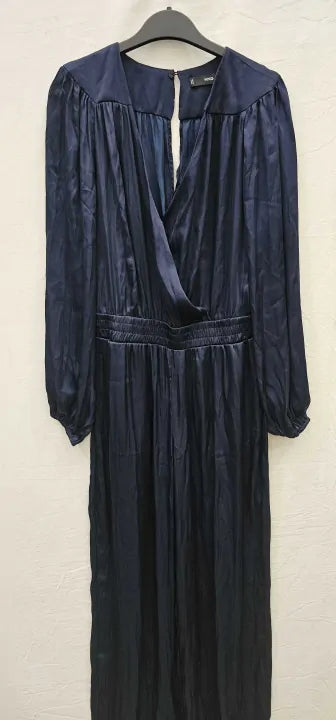 Mango-47065859-56-M-Navy-Dark Navy Wrap Neckline Satin Jumpsuit-Navy Size: M