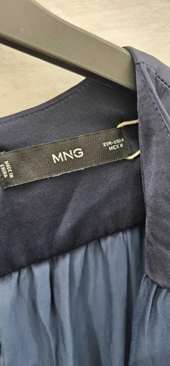 Mango-47065859-56-M-Navy-Dark Navy Wrap Neckline Satin Jumpsuit-Navy Size: M